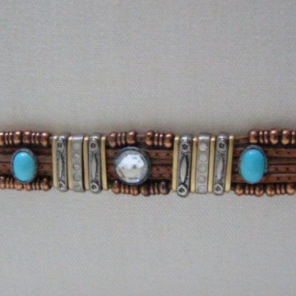 Western Style Tan Leather Belt Native Beaded Turquoise Rhinestones Cabochons main image 11
